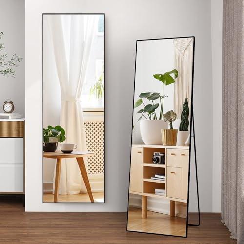 KeepGoon Miroir Pleine Longueur, 164 x 54 cm Miroir sur Pied, à Suspendre, Debout ou appuyé, pour Chambre à Coucher, Noir, carré