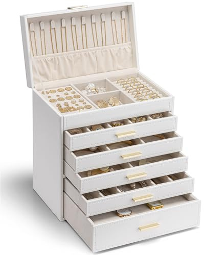 VLANDO Schmuckkästchen Groß, Schmuckaufbewahrung mit 6 Ebenen, Zimmer Deko | Geschenk für frauen,Schmuckschatulle für Ohrringe, Ringe Schmuck Aufbewahrung, mit Schubladen, Spiegel,Weiß