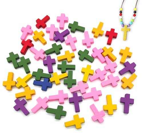 LIANCHEN 50 Stück Gemischte Farben Kreuz aus Holz Anhänger kreuz klein Diy Mini Holzkreuz Perlen Kleine mit loch ZubehöR für Taufe Kommunion, Handwerk, DIY Schmuck Projekte und Ostern Dekoration (B)