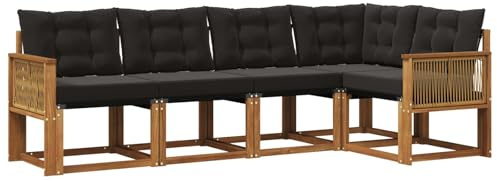vidaXL Outdoor-Sofagarnitur mit Kissen 5 pcs Natürlich und Schwarz, Moderne Garten-Sofaset, wetterfestes Möbel, Bequeme Liege, stilvolles Outdoor-Sitzen für Entspannung