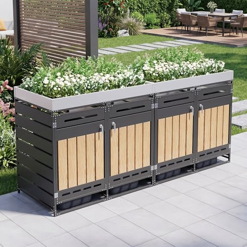 Cache Poubelle Extérieur 4 Bacs avec Jardinière Intégrée, Abri Poubelle Extérieur en Métal Antirouille, Coffre de Rangement Extérieur avec Portes Verrouillables et Aération, Aspect Bois