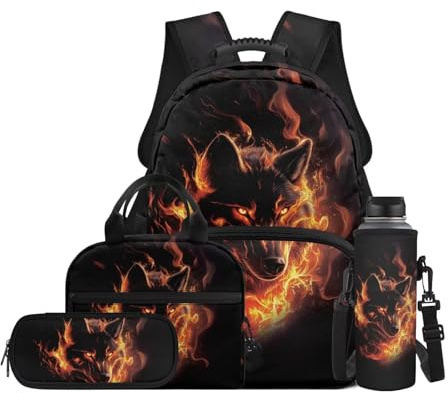 TOADDMOS 4-teiliges Schulrucksack-Set mit Lunchtasche, Stifttasche, Wasserflaschenträger mit Fächern, Geschenk für Mädchen, Jungen, Cool Wolf Fire, Modern