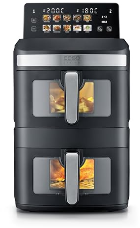 CASO AirFry Duo Tower, Doppel-Heißluftfritteuse, AirFryer, 12,4L (2x 6,2 L) vertikal, individuell einstellbar, 40-200°C, PFAS‑freie Keramikbeschichtung, spülmaschinengeeignet, 10 Programme