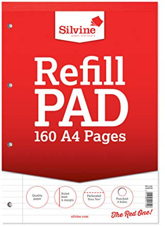 Silvine A4 Refill Pad - Lined With Margin (160 Pages) Single,White