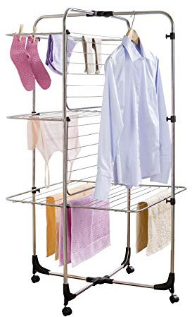 Wenko Turm Wäscheständer 3 Etagen, Wäschetrockner mit klappbaren Flügeln, rollbar, zusammenklappbar, 30 m Trockenlänge, Edelstahl rostfrei, 70 x 130 x 70 cm, Silber matt, 70 x 70 x 130 cm
