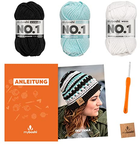 myboshi Häkelset Mütze Inuyama, inkl. No.1 Wolle, Nadel und Anleitung, für Mützen und Schals, Häkelpaket, 30% Merinowolle Schwarz, Blau mit Häkelnadel