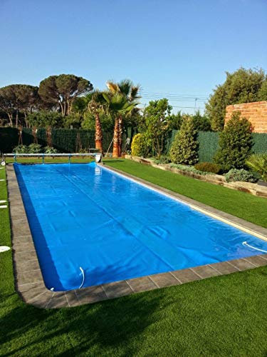 INTERNATIONAL COVER POOL GeoBubble - Confezione di copertura termica da 400 micron per piscina da 5 x 10 metri, con rinforzo nelle larghezze + avvolgitore telescopico con tubo da 80 mm
