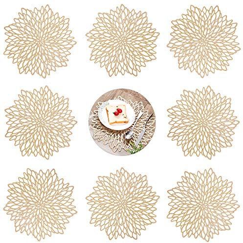 GLOBALDREAM Ausgehöhlte Runde Tischsets, 8 Stück Tischuntersetzer Platzset Tischset Vinyl Hohl Platzsets Abwischbar PVC Platzdeckchen für Küche, Zuhause, Speisetisch (Gold, 38cm)