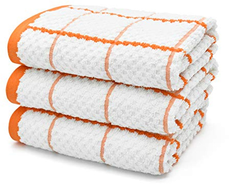 Ashley Mills Woven Tea Towels Check 3 Pack Large 50x70cms Super Absorbent 100% Cotton (Orange)