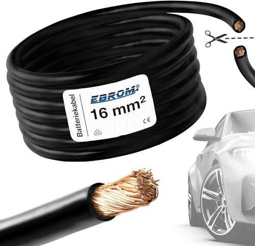 EBROM FLY Fahrzeugleitung SCHWARZ KFZ Leitung Batteriekabel – Querschnitt 16 mm² - Meterware – flexibel 90 ± 5 Shore, 100% Kupfer, Mantel Spezial PVC FLY FLRy - Starterkabel, Fahrzeugkabel in 16mm2