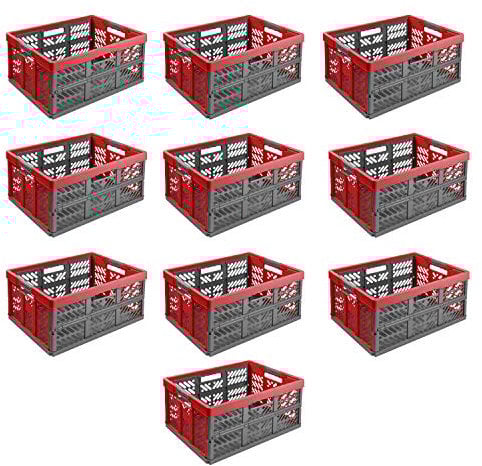 10X Stabile Profi Klappbox 45L - 54 x 37 x 28 cm - Einkaufskiste klappbar mit Soft-griffe - Transportkiste stapelbar Rot/Anthrazit