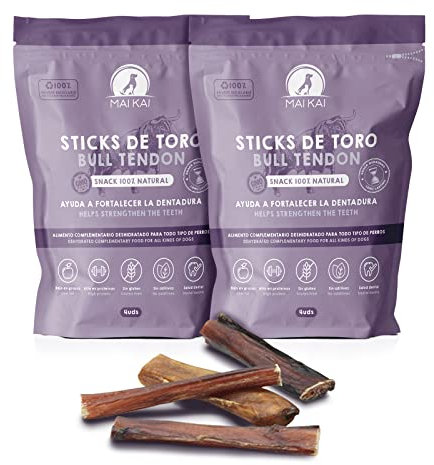 MAIKAI Nervo di Bue per Cani - (2 uni x 4 pezzi) Dental sticks 100% Naturali - Bastoncini per Cani - Premietti da masticare - Ossa Ideale per i denti dei cuccioli - Dieta BARF - Regalo