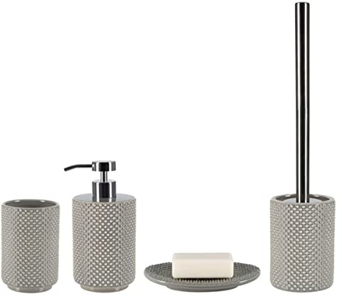 Spirella Badezimmer Set, 4-teiliges Badzubehör aus Steingut Mero Seifenspender, Seifenschale, WC Bürste und Zahnputzbecher Taupe