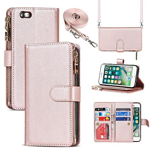 CAVOR Handyhülle kompatibel mit iPhone 6 Plus/6S Plus Hülle Mit Band,Flip Leder Geldbörse Hülle Mit Handykette,[9 Kartenfach][Doppelte Schnalle],Umhängeband Klapphülle Handytasche - Roségold