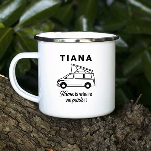 eBuyGB Personalised T6 Campervan Mug, 13oz Travel Camping Enamel Coffee Mug with Chrome Rim, Metal 380 ml Tea Camper Cup, Gifts for Him or Her, Any Name & Slogan Engraved