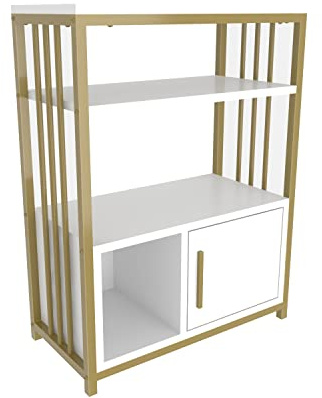 DECOROTIKA - Letos Contemporary Bookshelf, Shelving Unit, Display Unit, Bookcase with Cabinet and Metal Frame (White and Gold Colour)