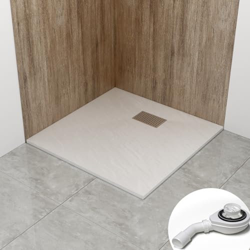 WITEN&NOCK Duschwanne 80x80 cm SMC Brausewanne Steinoptik Antirutsch Duschtasse Höhe 3,2 cm Niedrige Schwelle Extraflach Brausetasse mit Edelstahl-Abflussrinne und Ablaufgarnitur Ø 90 mm