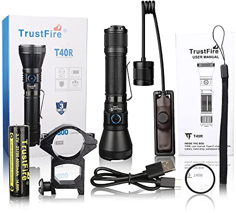 TrustFire Linternas Led Alta Potencia 1800 Lúmenes, T40R Linterna LED Recargable USB Táctica Militar, IP68, 550 Metros Linterna Caza Largo Alcance, Para Caza Búsqueda Rescate Emergencia Camping