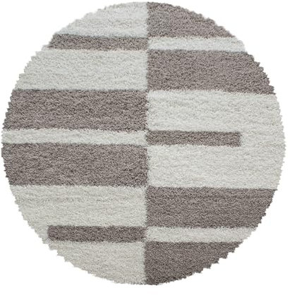 SIMPEX Wohnzimmer Teppich Shaggy und Flauschiger Moderne Kariert Design Beige 200 cm Rund - Teppich Schlafzimmer Extra Weich Pflegeleicht Waschbarer - Carpet Living Room Rug
