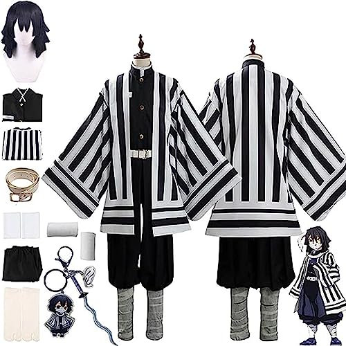 Demon Slayer Anime Iguro Obanai Cosplay Kostüm, Kimetsu No Yaiba Perücke Schlüsselanhänger Umhang Kimono Cardigan Komplettset Halloween Comic Game Party Uniform,Schwarz,XXL