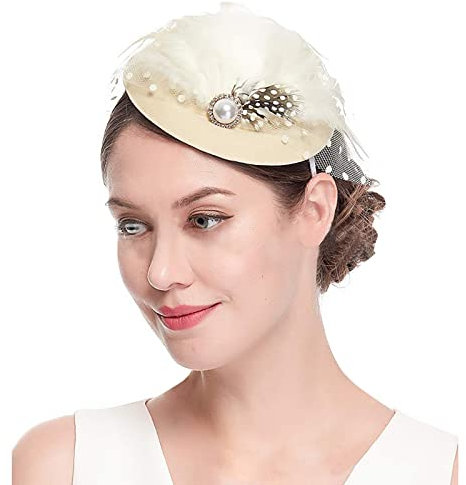 Fascinator Damen Kopfschmuck Hochzeit Hüte Hat Clips Schleier Stirnband Tea Party Mesh Kopfbedeckung Blumen Mesh Federn Clip Haarschmuck für Cocktail Halloween Oktoberfest Gothic Beige