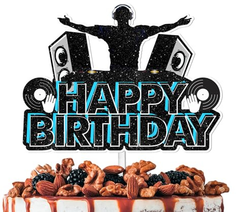 Black Glitter Sound DJ Happy Birthday Cake Topper Cheer to Rock and Roll Music Theme Decor Supplies Men Women Boys Girls Birthday Party Decorations