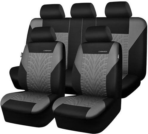 CAR PASS Autositzbezüge Komplettes Set, Vorder und Geteilte Rückbank, 3D Reifendruck Auto-Innenbezüge, Airbag Kompatibel, Schnelle Einrichtung, Universelle Passform(Komplettes, Schwarz und Grau)