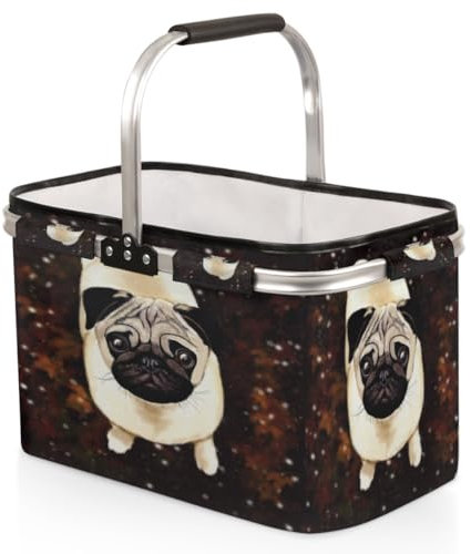 Tavisto Marktkörbe mit Griffen – Stabiler Einkaufskorb mit viel Stauraum und praktischer Innentasche, niedlicher Mops, 47,8 x 30 x 28,4 cm