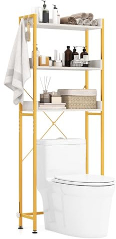 COSTWAY Over Toilet Storage Unit, 3-Tier Freestanding Bathroom Shelf Space Saver with 4 Hooks and Adjustable Bottom Bar, Metal Frame Wooden Tall Over The Toilet Rack Organizer (White+Gold)