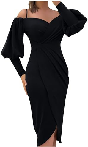 Zeiayuas Party Dresses for Women Off Shoulder Ruched Evening Dress Split Puff Long Sleeve Mermaid Midi Dress Wedding Guest Outfits Ladies Elegant Clubbing Prom Dresses Black