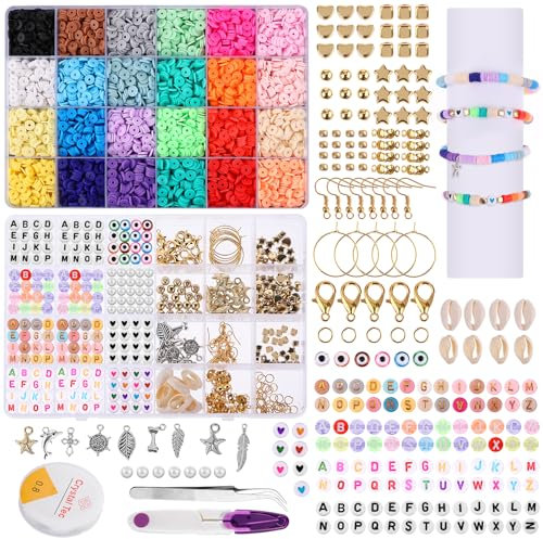 Abeillo 24 Farben Clay Beads, 4800 Stück Heishi Perlen Set Zum Auffädeln, 6mm Polymer Clay Perlen für Armbänder, Armbänder Selber Machen DIY für Chocker, Halskette, Armband, Ohrringe