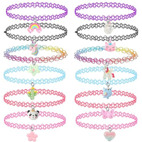 KSJEHW 12 Stück Choker Halskette Set für Kinder Teenager Mädchen Frauen, Anhänger Charme Einhorn Regenbogen Panda Katze Herz Blume Meerjungfrau Chokers Henna Tattoo Stretch elastisch