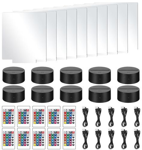 Juego de 10 bases de lámpara acrílicas con control remoto, incluye 10 hojas acrílicas, 10 bases de lámpara, 10 cables USB y 1 marcador de pizarra blanca (Rectángulo)