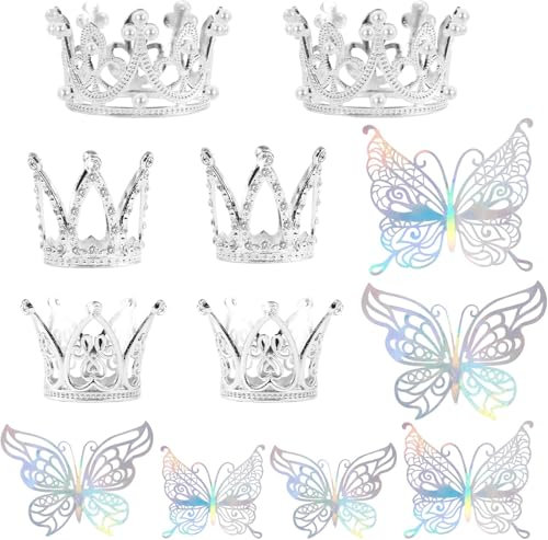 ZOSIGN 6 Stück Krone Cake Topper, Silber Krone Kuchen Topper, mit 24 Stück Schmetterling Tortendeko, Mini Krone Cupcake Picks, für Baby Shower Geburtstag Hochzeit Royal Thema Party