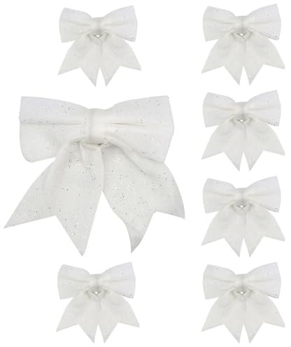 VEGCOO 7 Pcs Noeuds de Ruban de Noël, Arcs de Noël Blanc Deco Sapin de Noel Décoration Sapin de Noel pour la Décoration d'arbre de Noël, Voiture de Mariage, l'Emballage Cadeau