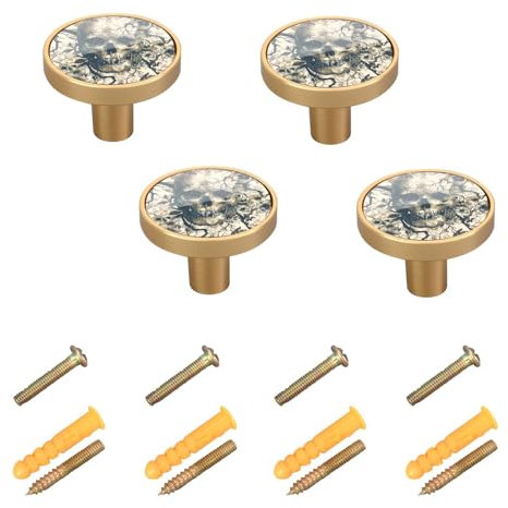 SKYSHU Lot de 4 boutons d'armoire ronds en forme de tête de mort de 3,8 cm pour porte, placard, maison, bureau