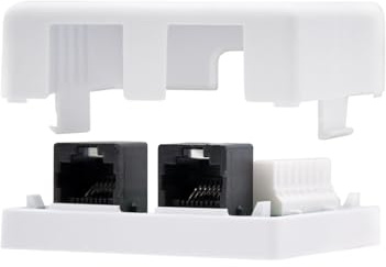 Roseta de superficie RJ45 CAT.5E UTP con 2 tomas, color blanco, ideal para conexión de redes y expansión de puntos de acceso.
