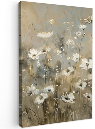 MuchoWow© Bilder 60x90 cm Wohnzimmer Deko Modern Wandbild Kunstdruck auf Leinwand Bild Schlafzimmer über Bett Room Decor Geschenke Blumen - Weiß - Natur - Grau - Modern
