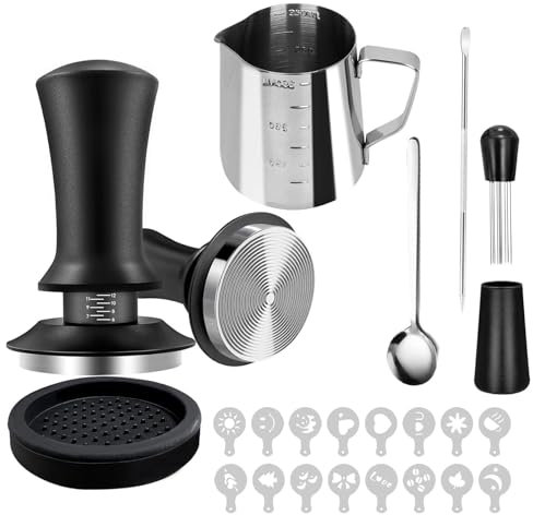 Fesatccoz Lot de 7 Tamper à Café, Accessoires de Café avec Presse à Café 51 mm, Outil WDT, Tapis de Tamper, Mélangeur à Café Stylo à Latte Art Carafe à Mousser à Lait Pochoirs à Café