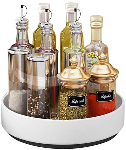 Plateau Tournant Epices, 26cm Plateau Tournant Placard Cuisine Frigo, Tournant Porte-Épices Étagère Rangement Cuisine de Acier Carbone, Epices Organisateurs de Cuisine pour Salle de Bain (Blanc, 26CM)