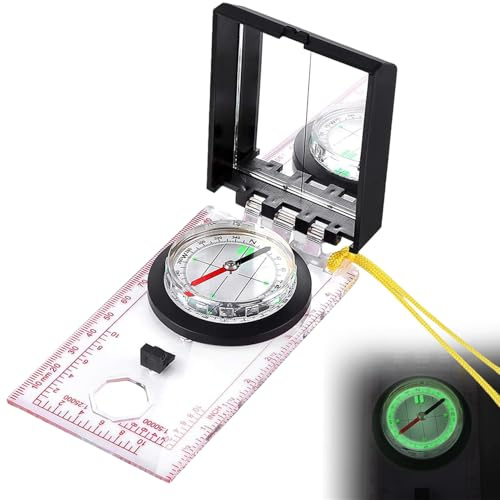 Multifunktionaler Kompass mit Kartenlineal und Spiegel Notfall-Set, Spiegelkompass, Drehbares Kompassgehäuse, Navigation Kompass Pfadfinder Compass Orientierungslauf, Kartenmaßstäbe 1:25k & 1:50k