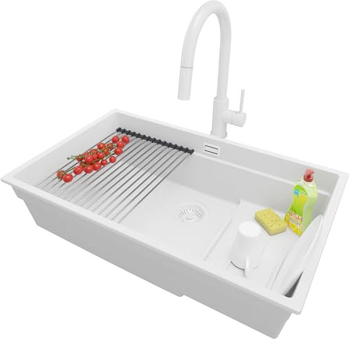 PRIMAGRAN Evier Cuisine en Granit Tout Blanc 76x47cm, Lavabo 1 bac + Kit de Vidage + Robinet 40x22cm + Égouttoir Enroulable, Évier à Encastrer au meuble 80cm - Prague Slim