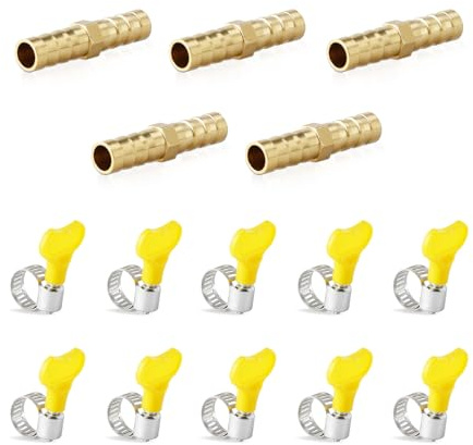 Glirowy 5 Pcs 8mm Brass Hose Barb Tee,2 Way Straight Hose Fitting with 10 Pcs Clamps For Fuel Air Water Gas Oil Diverter Fuel Hose Joints