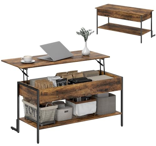 HOMCOM Lift-up Couchtisch mit verstecktem Fach und unterem Regal, Industrie-Stil Couchtisch aus Holz und Metall, rustikal braun