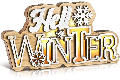 Glooglitter Hello Winter Snowflake Décoration de table en bois Panneau d'hiver LED Flocon de neige Centre de table Plaque en bois autoportante pour fête de Noël 35 x 8,9 cm