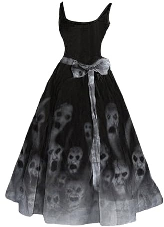 Halloween Kostüm Damen Kleid mit Blutigem Aufdruck Gruselig Rockabilly Kleider Cosplay Vampir Partykleid Ärmelloser Sexy Swing Trägerkleid Cocktailkleid