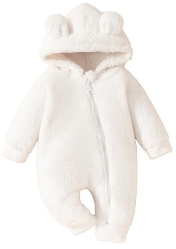 Combinaison de neige en polaire pour bébé fille - Tenue d'hiver chaude et pelucheuse - Motif ours mignon - Body à capuche à manches longues et fermeture éclair - Combinaison unie sans pieds en
