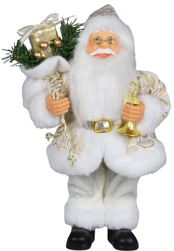 Monopol Christmas Paradise Weihnachtsmann 25cm stehend Santa Claus Dekofigur mit Geschenkensack weiß-Gold