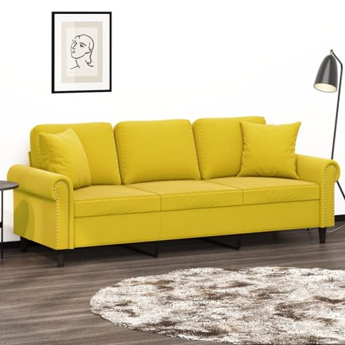 GeenYuu 3-Sitzer-Sofa, Gelb, 180 cm Sitzbreite, Samtbezug, Robustes Metallgestell, Inklusive Zierkissen, für Wohnzimmer und Lounges