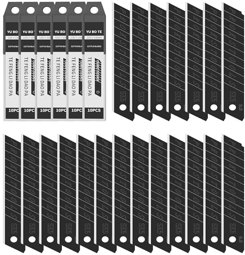 60 pièces de lames de cutter, lames de rechange de 18 mm pour cutters en acier SK5, lames extra tranchantes, pour le bricolage, carton, feuille d'aluminium - Noir